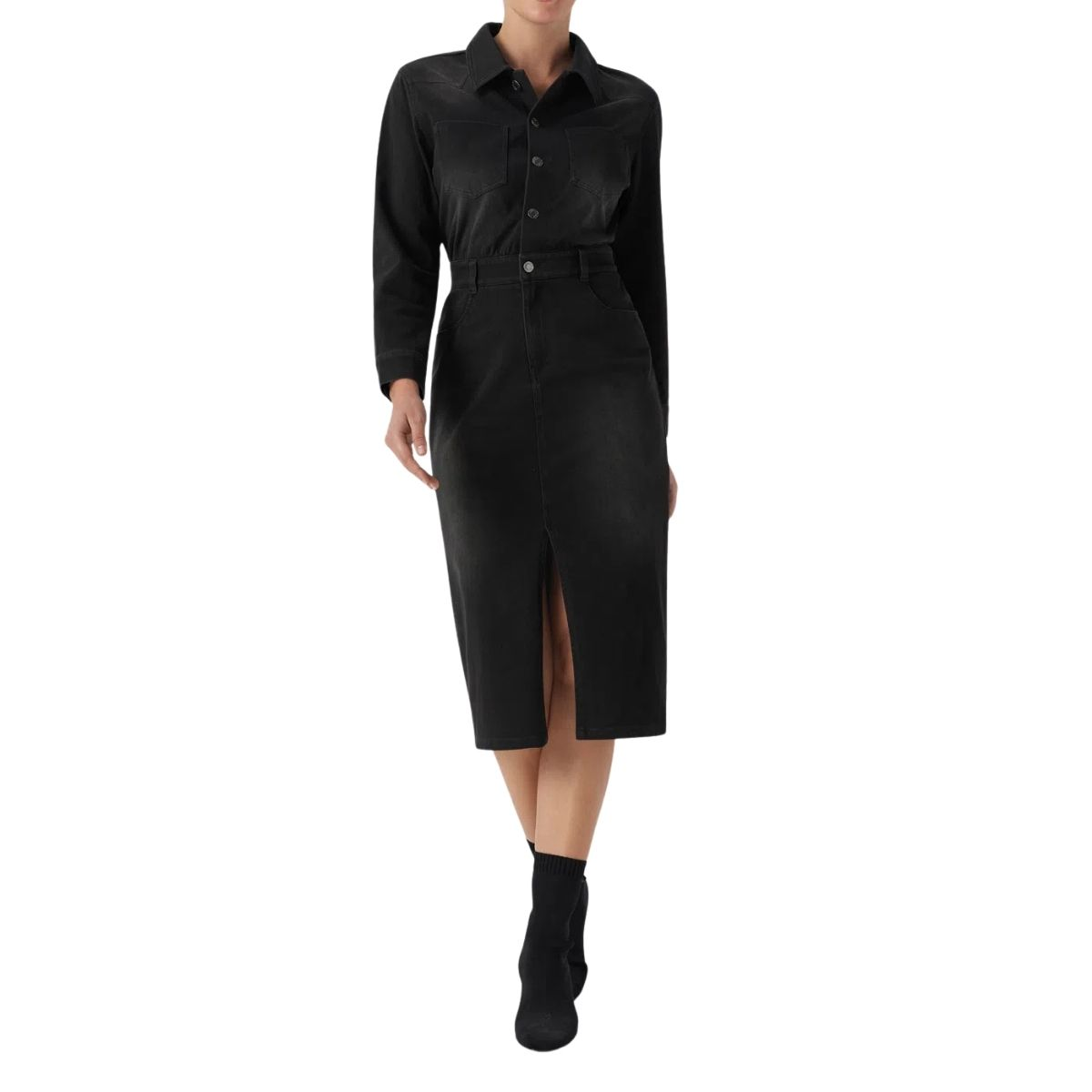 Long Sleeve Denim Midi Shirt Dress