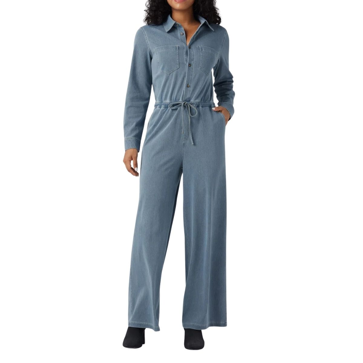 Long Sleeve Drawstring Wide Leg Denim Jumpsuit