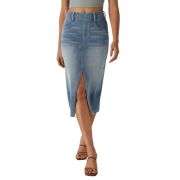 High Waisted Stretch Denim Midi Skirt