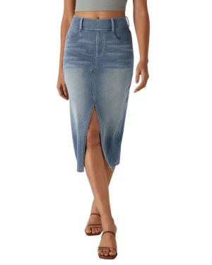 High-Waist Front-Slit Denim Midi Skirt