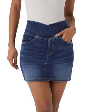 Crossover-Waist Pocket Denim Mini Skirt