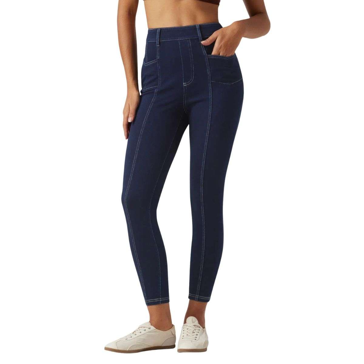 High Waisted Stretch Denim Leggings with Pockets