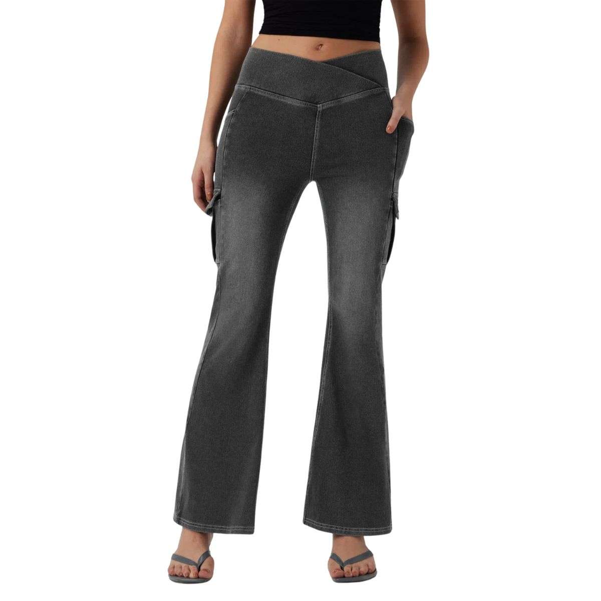 Mid Rise Cross Waistband Bootcut Jeans