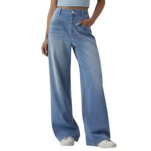 High Rise Relaxed Wide Leg Washed Jeans with Curved Pockets
