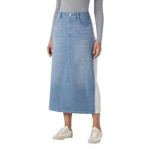 High Waist Contrast Panel Back Slit Denim Midi Skirt