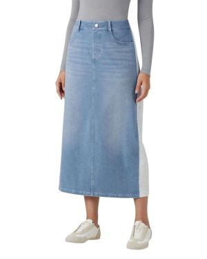 High-Waist Contrast-Panel Back-Slit Denim Midi Skirt