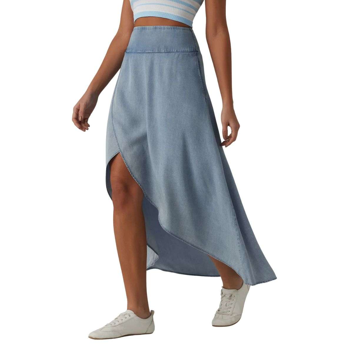 High Waist Asymmetric Hem Denim Midi Skirt