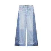 High Waist Contrast Panel Frayed Wide Leg Jeans