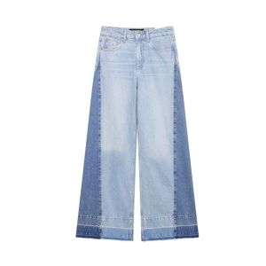 High Waist Contrast Panel Frayed Wide Leg Jeans