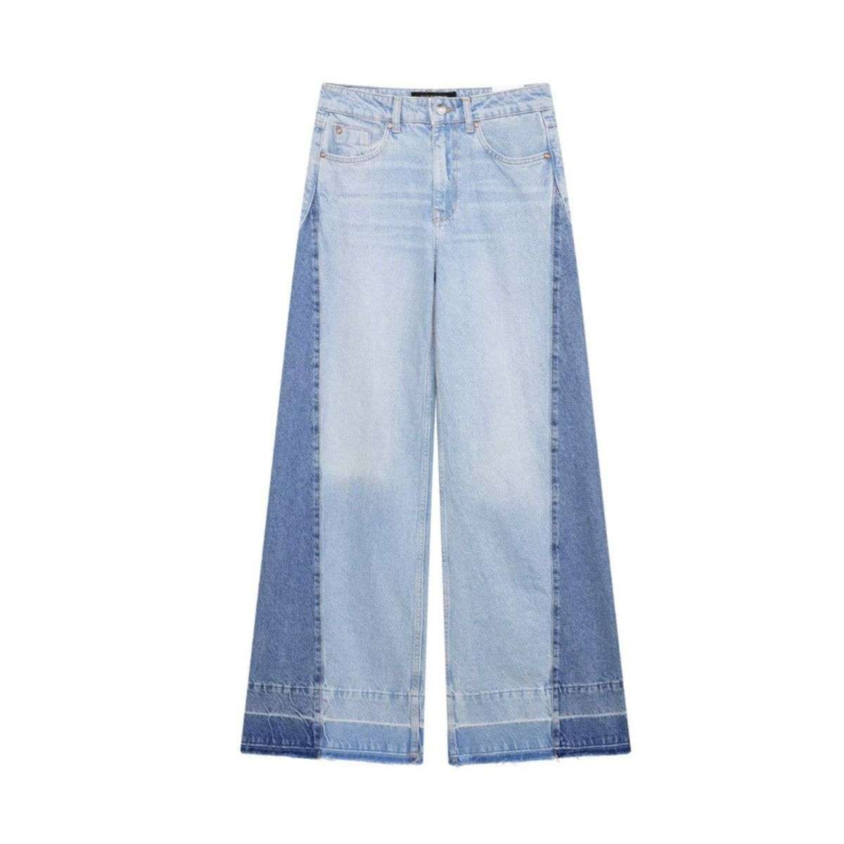 High Waist Contrast Panel Frayed Wide Leg Jeans