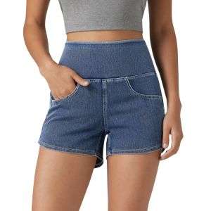 High Waist Tummy Control Side Stripe Stretch Denim Shorts