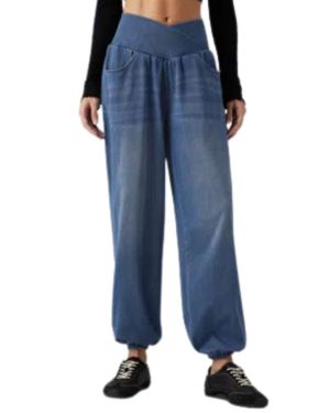 Crossover Waist Tummy Control Denim Jogger Pants