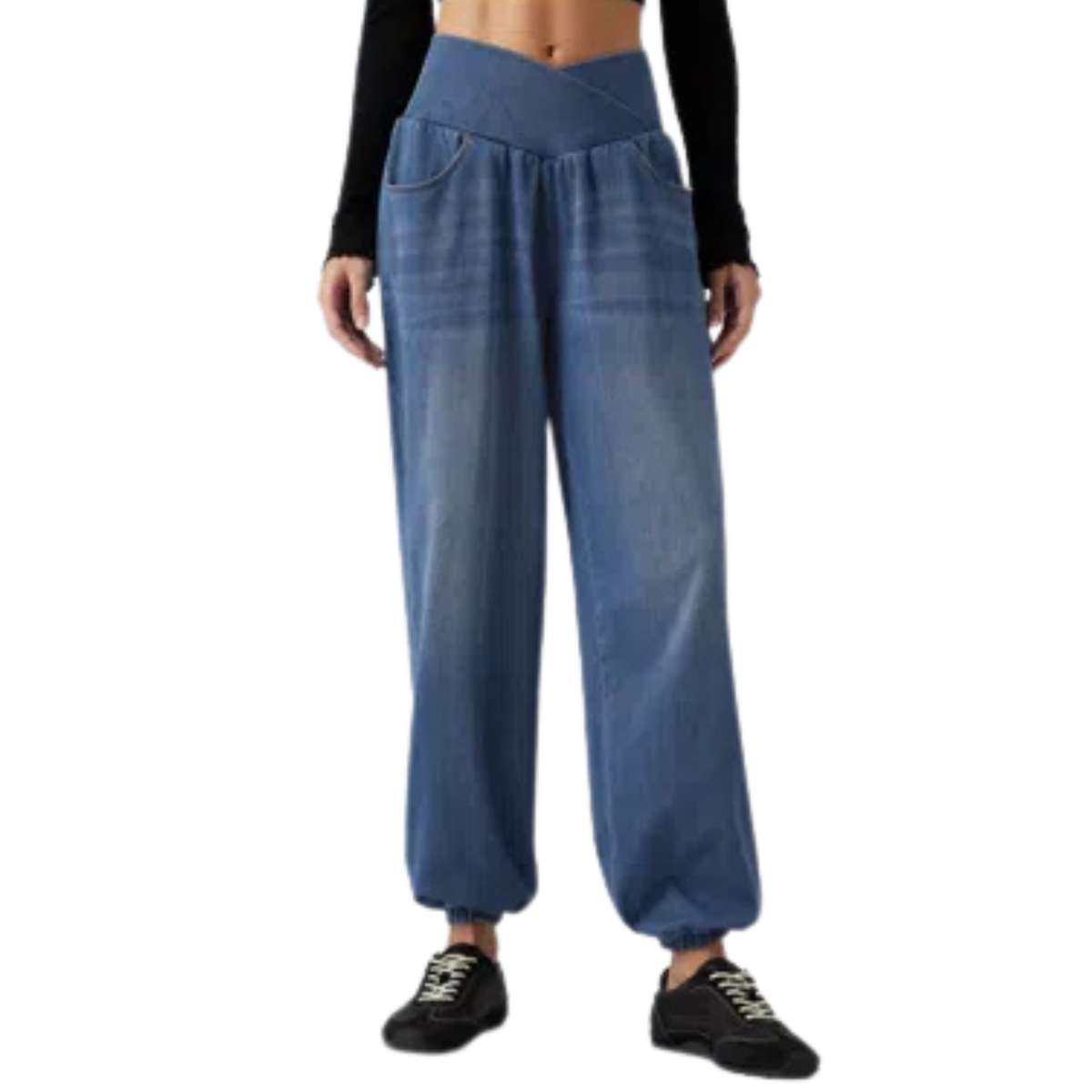Crossover Waist Tummy Control Denim Jogger Pants
