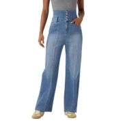 Foldover Waist Relaxed Straight Leg Jeans with Pockets