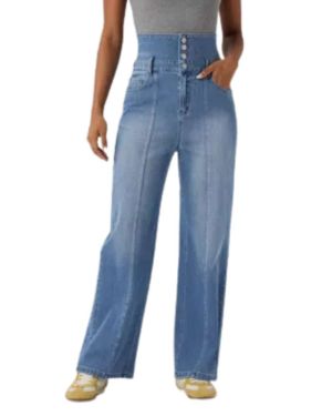 Foldover Waist Relaxed Straight Leg Jeans with Pockets