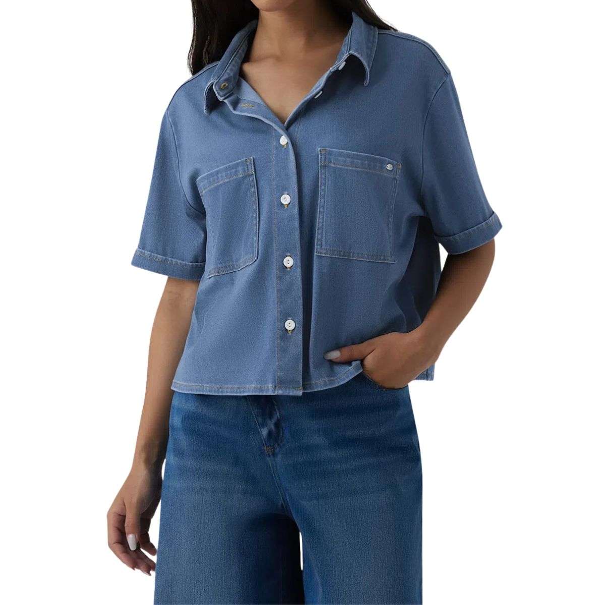 Draped Denim Short Sleeve Shirt with Pockets