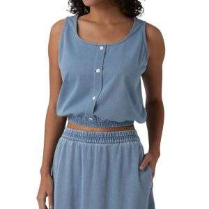 U-Neck Cropped Denim Tank Top with Decorative Buttons