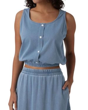 U-Neck Cropped Denim Tank Top with Decorative Buttons