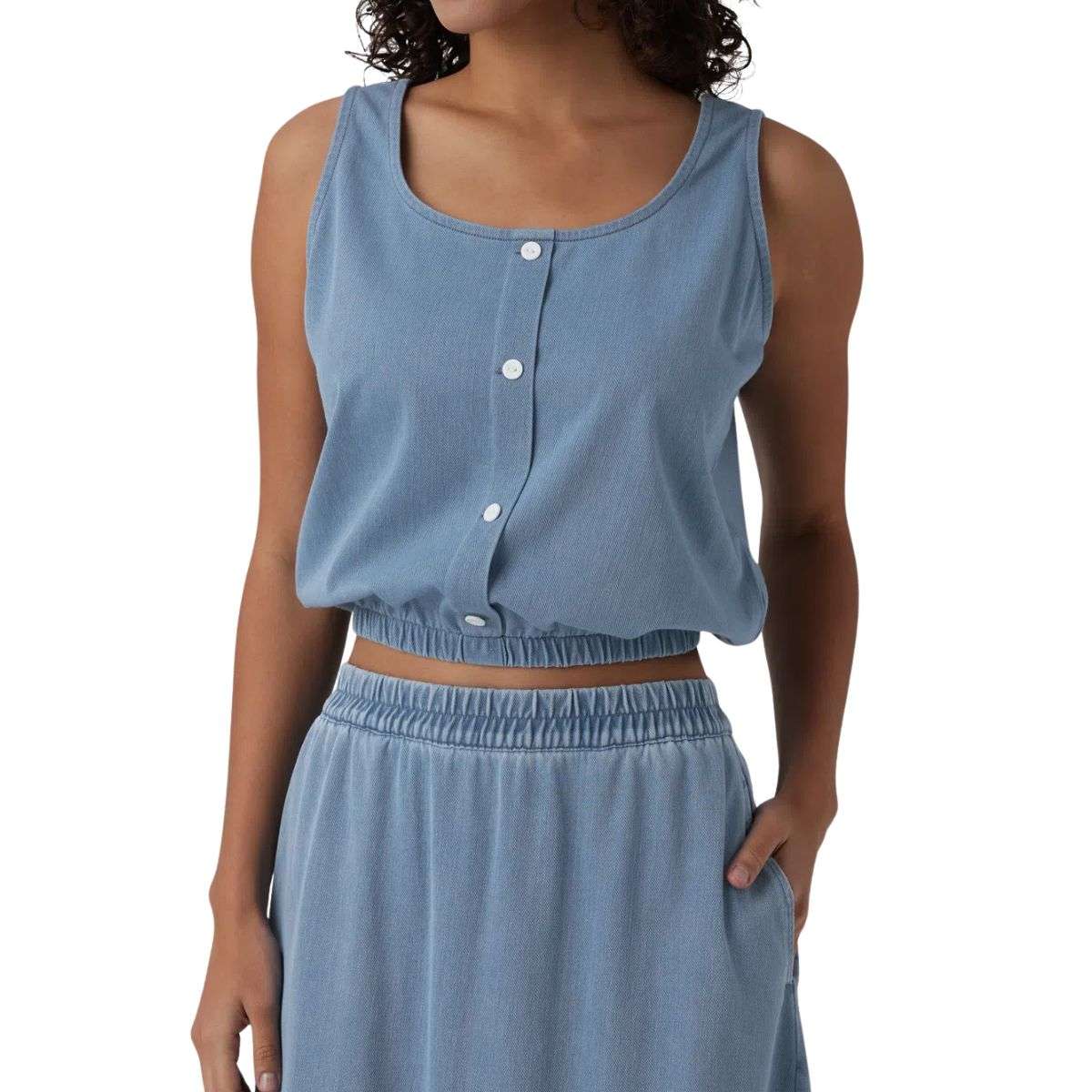 U-Neck Cropped Denim Tank Top with Decorative Buttons