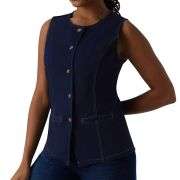 Round Neck Fitted Button Front Denim Tank Top