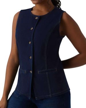 Round Neck Fitted Button Front Denim Tank Top