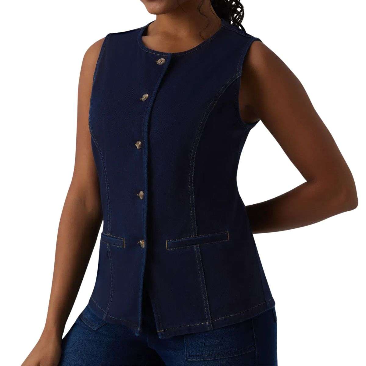 Round Neck Fitted Button Front Denim Tank Top