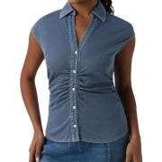 V-Neck Sleeveless Ruched Waist Denim Shirt