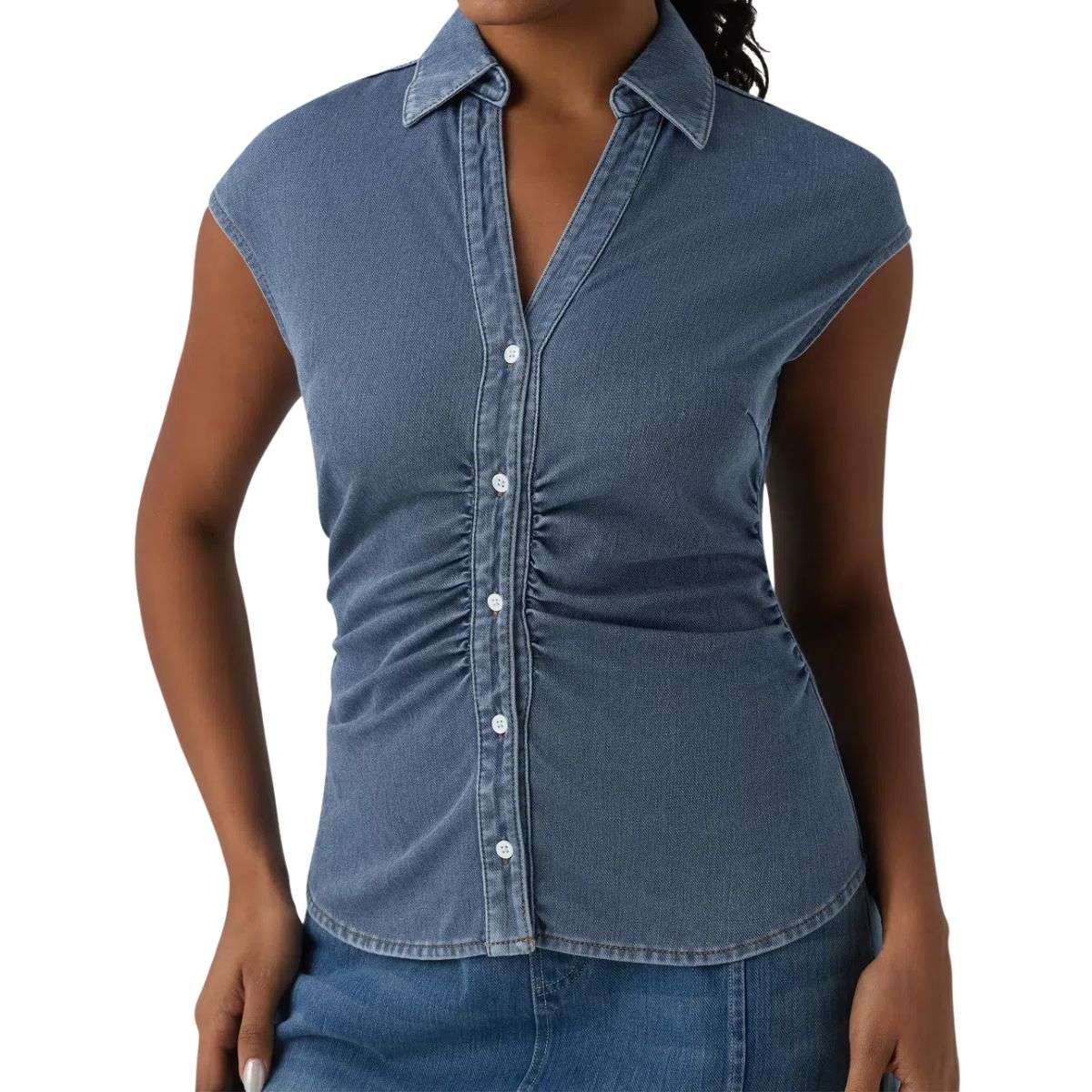 V-Neck Sleeveless Ruched Waist Denim Shirt