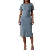 Short Sleeve Ruched Slit Midi Denim Dress