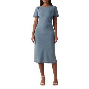 Short Sleeve Ruched Slit Midi Denim Dress