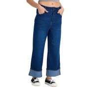 Mid Rise Rolled Hem Slimming Knit Denim Straight Leg Jeans