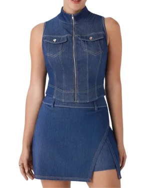 Stand Collar Zip Front Washed Denim Tank Top