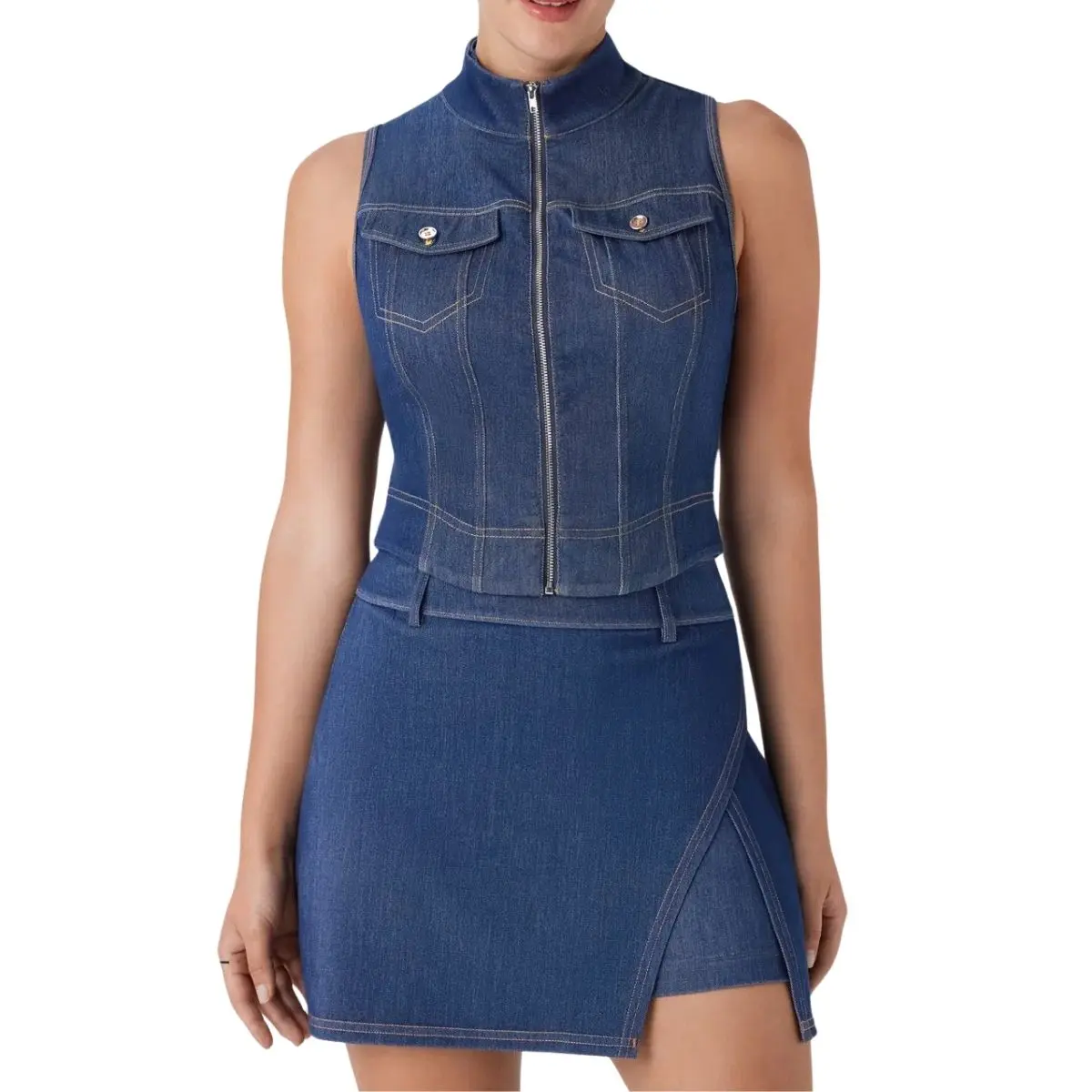 Stand Collar Zip Front Washed Denim Tank Top