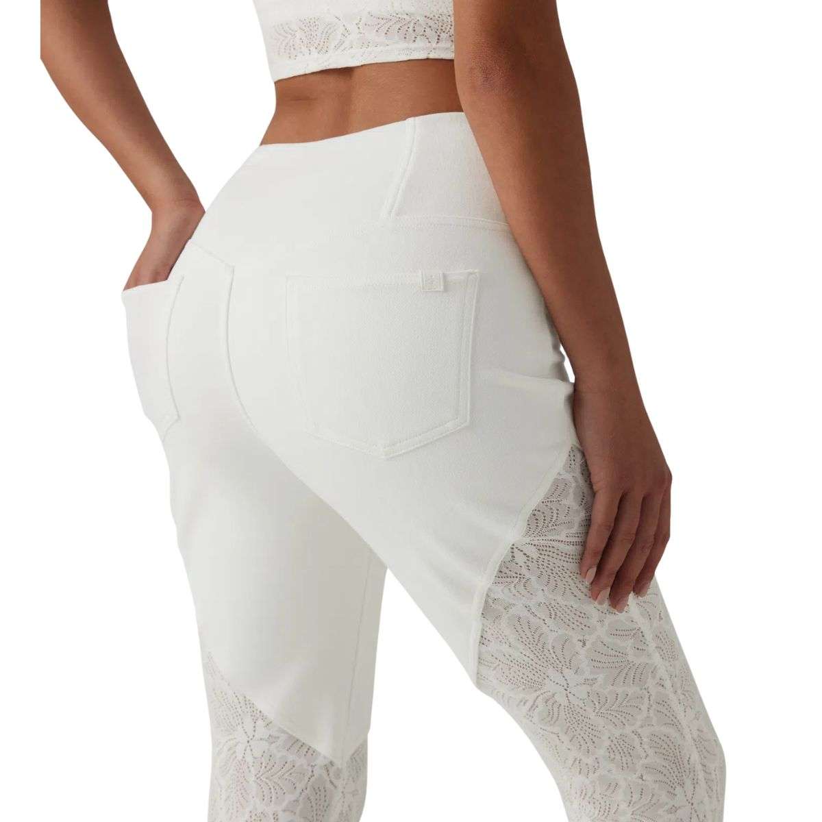 High Waisted Crossover Contrast Lace Flare Jeans