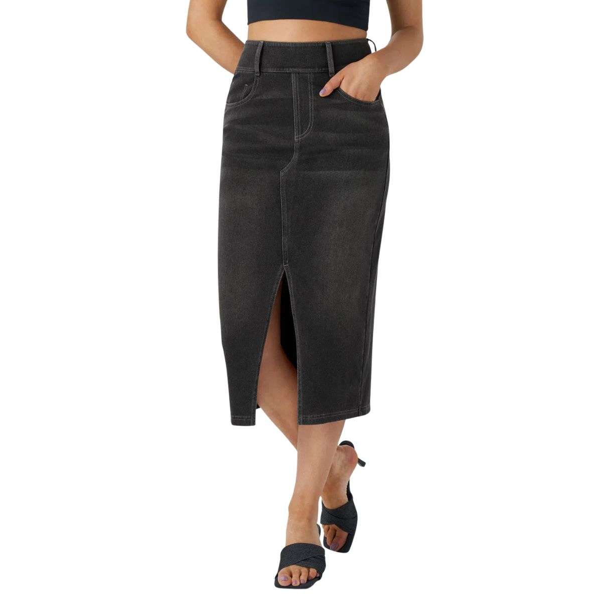 High Waisted Stretch Denim Midi Skirt