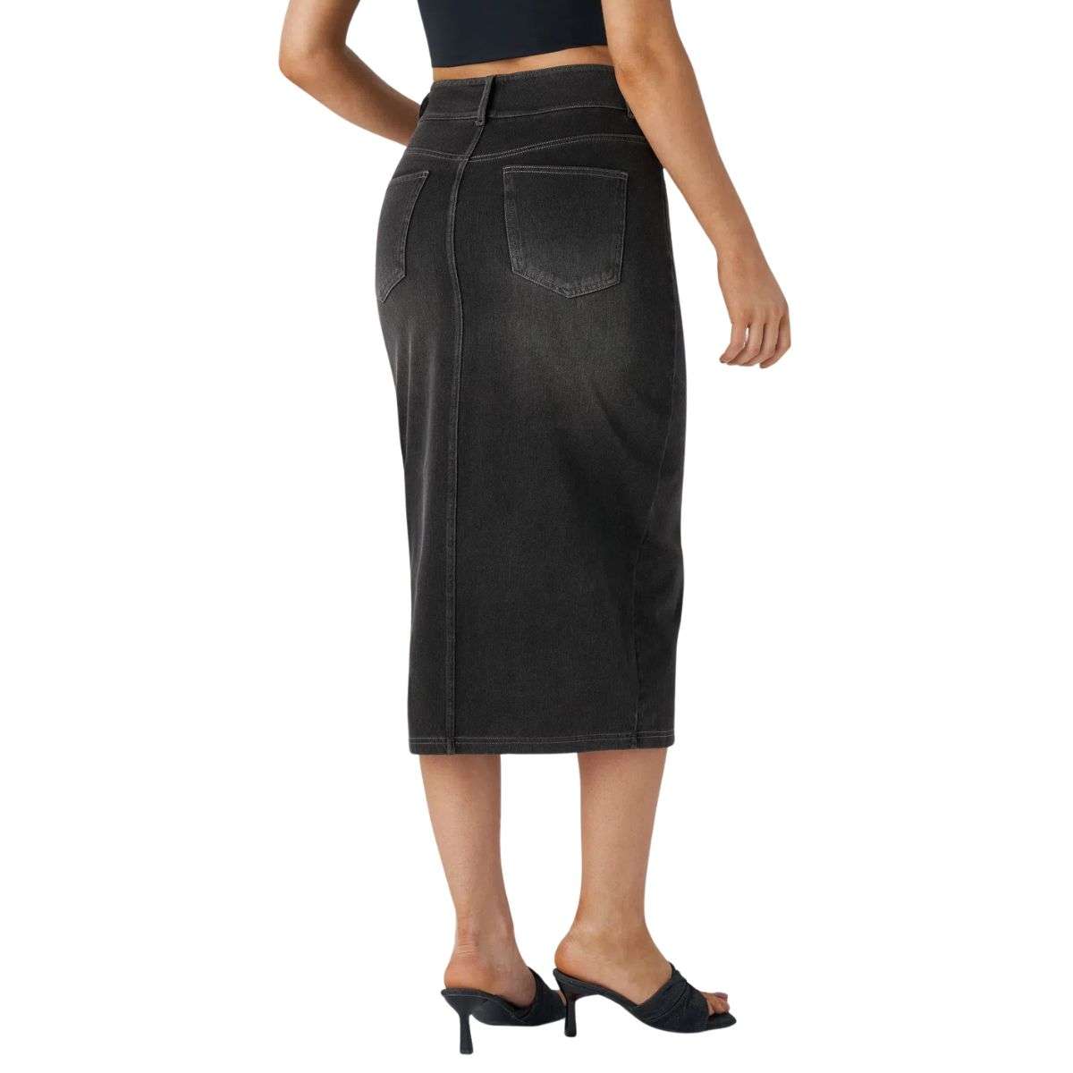 High Waisted Stretch Denim Midi Skirt