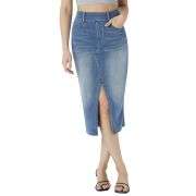 High Waisted Stretch Denim Midi Skirt