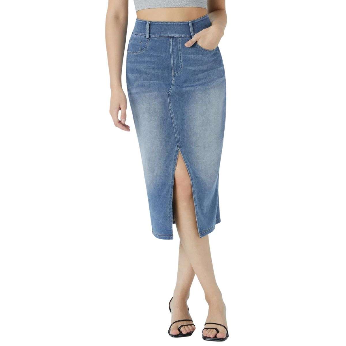 High Waisted Stretch Denim Midi Skirt