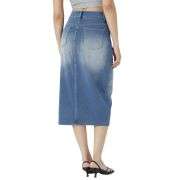 High Waisted Stretch Denim Midi Skirt