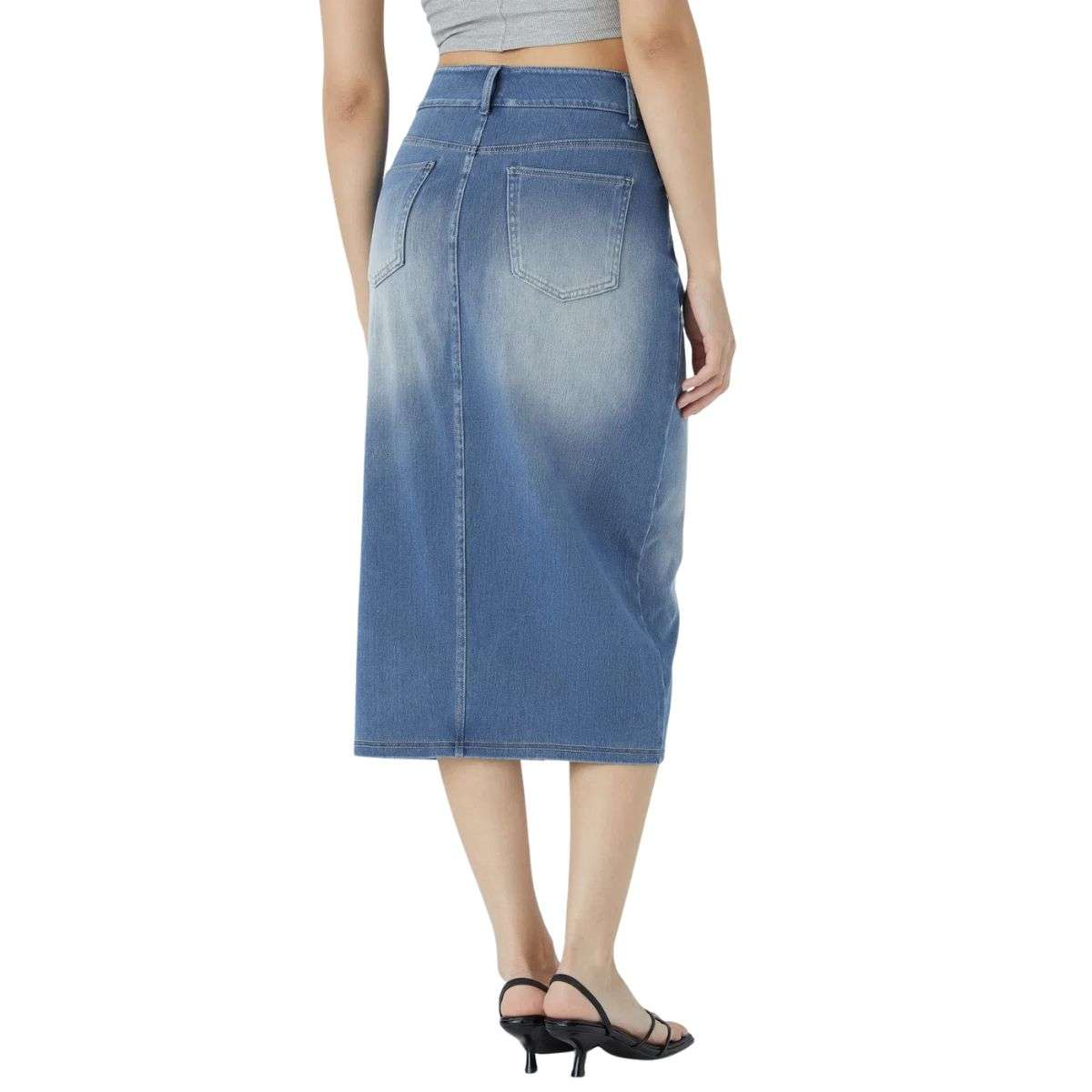 High Waisted Stretch Denim Midi Skirt