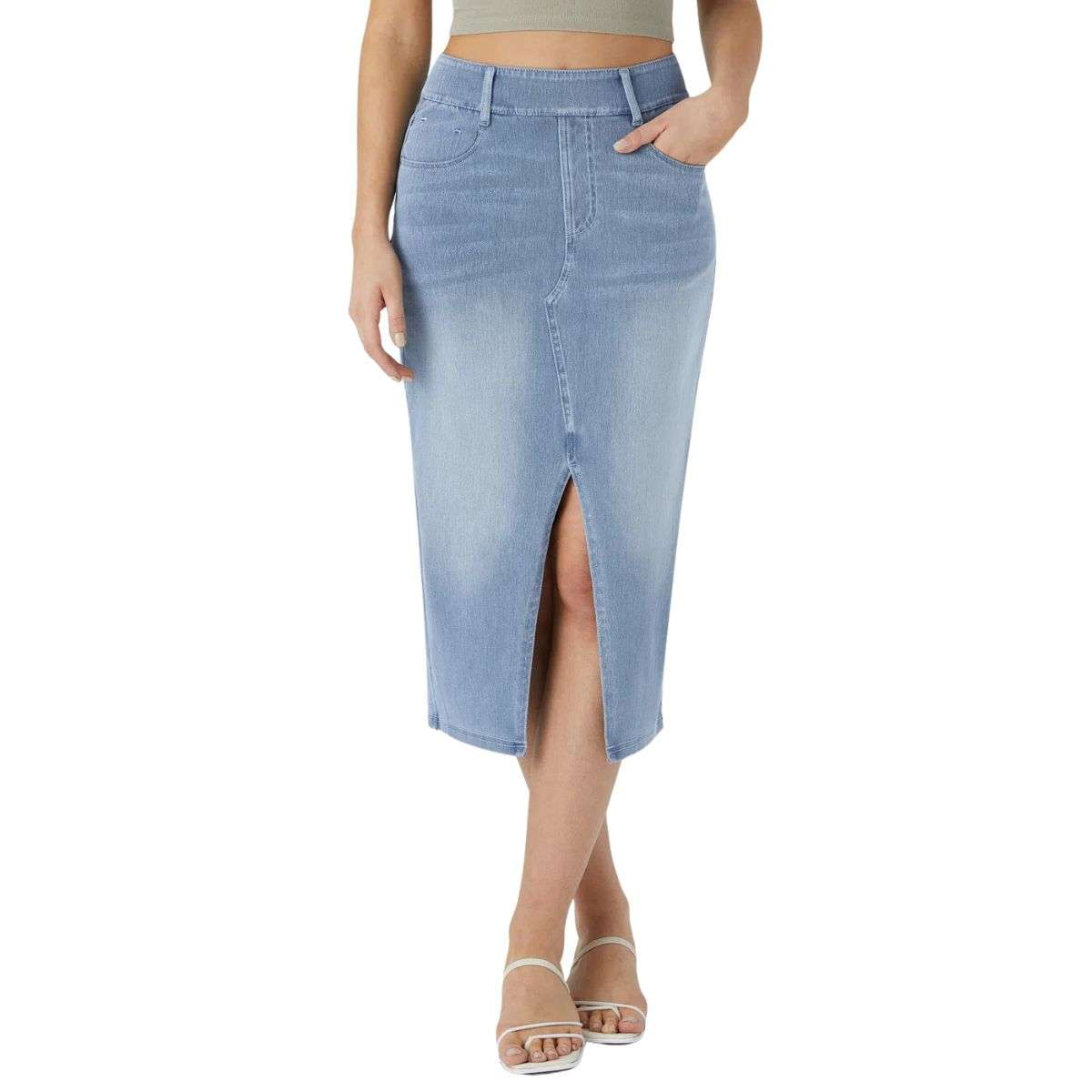High Waisted Stretch Denim Midi Skirt