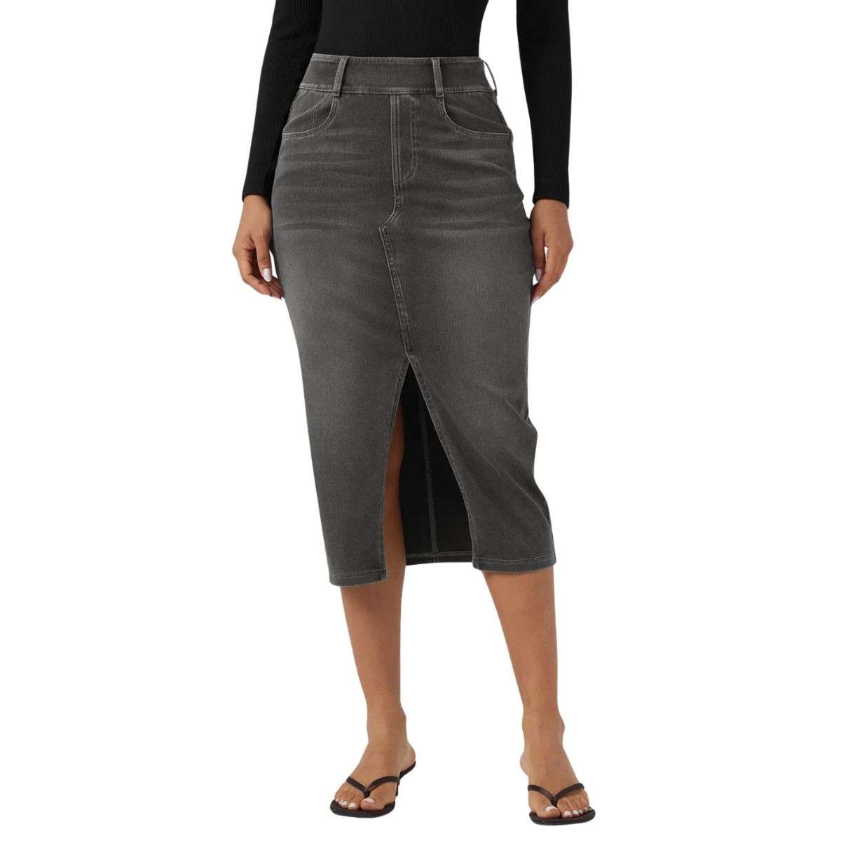 High Waisted Stretch Denim Midi Skirt