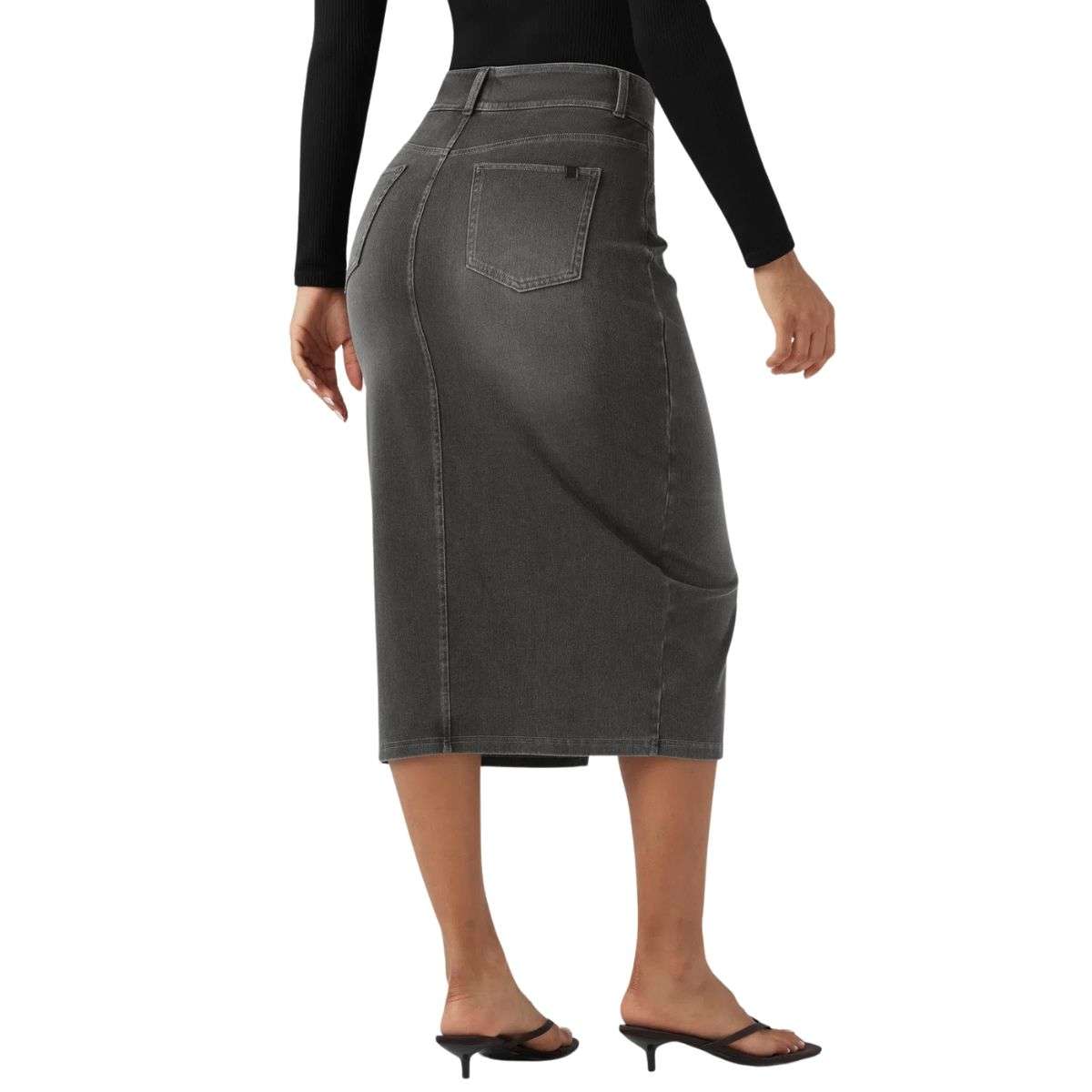High Waisted Stretch Denim Midi Skirt