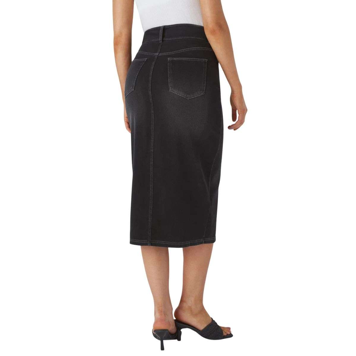 High Waisted Stretch Denim Midi Skirt