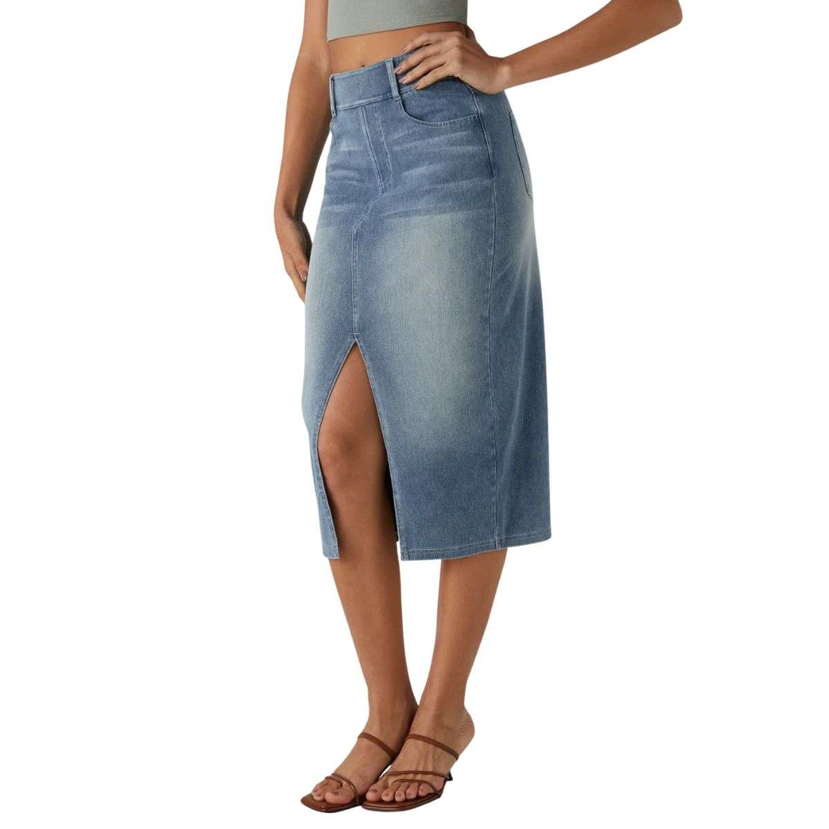 High Waisted Stretch Denim Midi Skirt