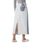 High Waist Contrast Panel Back Slit Denim Midi Skirt