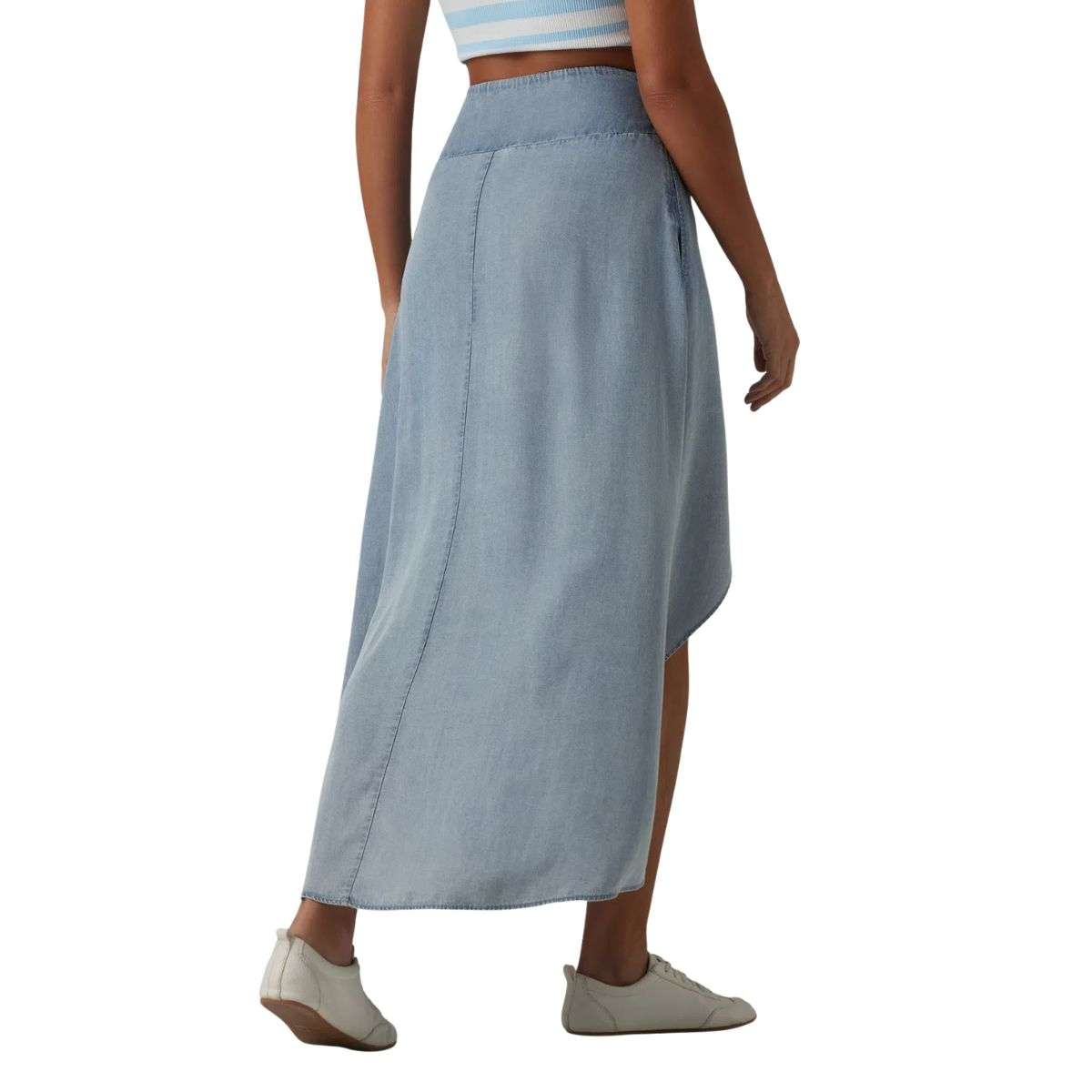 High Waist Asymmetric Hem Denim Midi Skirt