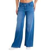 Women High Waist Wide Leg Whisker Spray Wash High Stretch Denim Pants