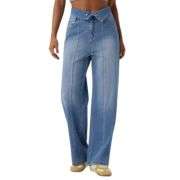 Foldover Waist Relaxed Straight Leg Jeans with Pockets