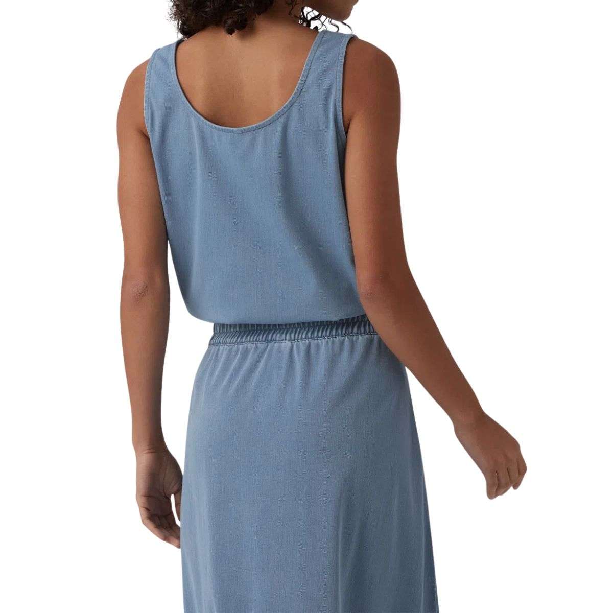 U-Neck Cropped Denim Tank Top with Decorative Buttons